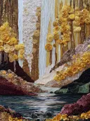 Waterval omgeven door witte en gouden rozen die uitmondt in een rivier tussen rotsen