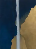 Schilderij van watervalletje in de rots in nachtblauw en goud, in vlakke kleurvlakken
