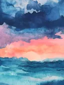 Waterverf landschap met zonsondergang boven zee in marineblauw, roze en oranje tinten