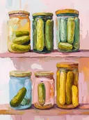 Schilderij van zes glazen potten met ingemaakte augurken op een roze houten plank.