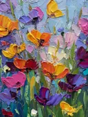 Botanisch schilderij van een dicht bloemenveld in felle kleuren