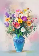 Schilderij van een kleurrijk bloemenboeket in een blauwe vaas