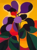Botanisch schilderij met paarse bladplant op gele achtergrond