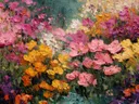 Schilderij van een weelderige bloementuin in roze en goud