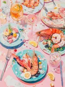 Schilderij van een tafel vol zeevruchten, garnalen en wijnglazen.