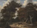 Weg door een eikenbos van Jacob van Ruisdael: landschap met eiken, bos, zandweg en bomen, in warm bruin en groen