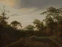 Weg in een boslandschap bij schemering van Jacob van Ruisdael: landschap met bos, zandweg, schemer en bomen, in gedempt bruin en grijs