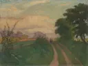 Weg nach Surheide Abendsonne van Otto Modersohn: landschap met zandweg, bomen, wandelaars en avondzon, in gedempt groen en grijs