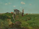 Weidelandschap op Walcheren van Emile Claus: landschap met weiland, hek, boerin en gras, in groen met blauw