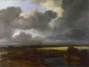 Weids landschap met kasteelruïne en kerktoren van Jacob van Ruisdael: landschap met vergezicht, wolken, weiland en toren, in gedempt grijs en oker