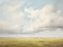 Landschapsschilderij van een grasveld onder een bewolkte lucht