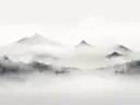 Waterverf landschap van bergen en kale bomen die spiegelen in een breed meer.