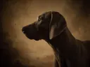 Studioportret van Weimaraner en profil, tegen een geschilderd doek in sepia