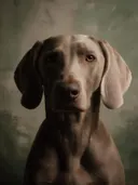 Studioportret van Weimaraner van voren, tegen een geschilderd doek in salie