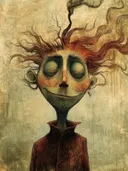 Surrealistisch figuur met wild oranje-rood haar, gesloten groene ogen en een glimlach, sepia achtergrond