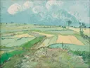 Wheat Fields after the Rain van Vincent van Gogh: landschap met korenveld, vlakte, wolken en zomer, in zachtgroen en blauw