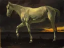 White Horse and Sunset van Albert Bierstadt: dieren met paard, wit paard, zonsondergang en silhouet, in donker met goud