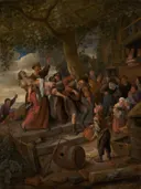 Wie een varken is, moet in 't kot van Jan Steen: figuren met herberg, feest, kinderen en vat, in warm bruin en rood