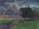 Wiesenlandschaft nach dem Regen (tiefe Sonne) 1940 van Otto Modersohn: landschap met regenboog, weide, bomen en koeien, in gedempt groen en grijs