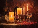 Stilleven schilderij van kaarsen in glas met wijnfles en glas op rode ondergrond