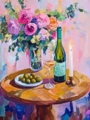 Schilderij van een fles wijn, een glas en olijven bij kaarslicht met rozen.
