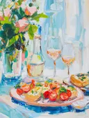 Schilderij van wijnglazen en een bord tapas bij een raam met rozen.