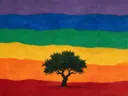 Losse boom in alle kleuren van de regenboog, schilderij