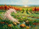 Landschapsschilderij, wijngaard in de herfst in bloesemtijd