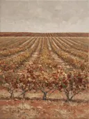 Landschapsschilderij, wijngaard in de herfst op rode aarde