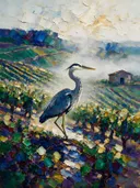Wijngaard in diep de ochtendmist in de mist, schilderij van wijngaard