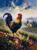 Wijngaard in donker de ochtendmist in de mist, schilderij van wijngaard