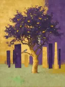 Fruitboom in goudgeel en paars, schilderij