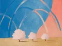 Drie bloesembomen in hemelsblauw en zalm, schilderij