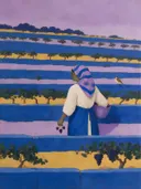 Schilderij van wijngaard in kobalt en saffraan, in vlakke kleurvlakken