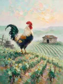 Wijngaard in licht de ochtendmist in de mist, schilderij van wijngaard