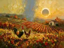 Wijngaard in licht tegenlicht in een bloementuin, schilderij van wijngaard