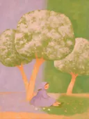 Bloesembomen in lila en mosgroen, schilderij