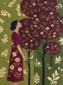 Vrouw in magenta en olijfgroen, schilderij