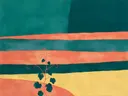 Schilderij van wijngaard in petrol en koraal, in vlakke kleurvlakken