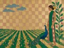 Schilderij van wijngaard in smaragd en oud roze, in vlakke kleurvlakken