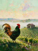 Wijngaard in warm de ochtendmist in de mist, schilderij van wijngaard