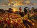 Wijngaard in warm tegenlicht in een bloementuin, schilderij van wijngaard
