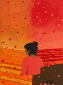 Schilderij van wijngaard in warme kleuren bij elkaar, in vlakke kleurvlakken