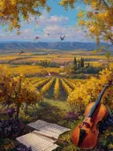Schilderij van een wijngaard met een cello en notenbladen op de voorgrond