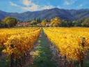 Schilderij van een wijngaardpad met uitzicht op een Toscaans dorp