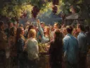 Schilderij van mensen die een wijnoogstfeest vieren in een wijngaard