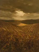 Landschapsschilderij, wijnranken over de helling in gouden herfst