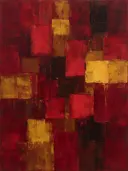 Wijnrood en mosterd in twintig vakken, abstract schilderij met het paletmes