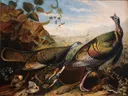 Wild Turkey Cock, Hen and Young by ,1826 van John James Audubon: dieren met kalkoenen, vogels, kuikens en bladeren, in warm bruin en groen
