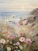 Schilderij van wilde bloemen aan de kust met zonsondergang boven zee